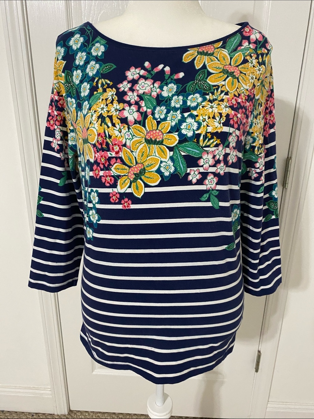 Talbots Cultivated Garden Navy White Striped  Top with Multicolor Flowers
